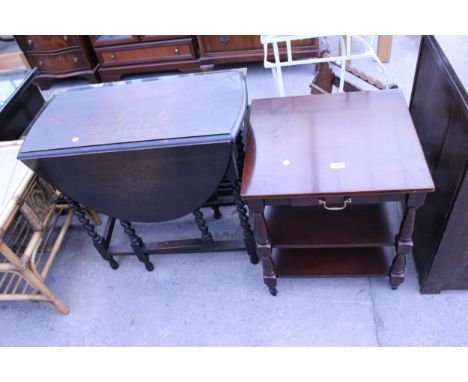 AN EARLY 20TH CENTURY OVAL OAK GATE-LEG BARLEY-TWIST TABLE, 41" X 30" OPENED AND A LAMP TABLE
