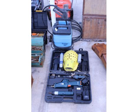 A KEW HOBBY ELECTRIC PRESSURE WASHER, A WORK HELMET AND A BLACK AND DECKER BATTERY TOOL SET TO INCLUDE A DRILL AND A RESIPRIC