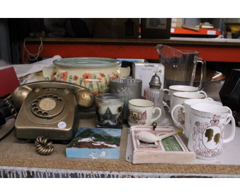 A MIXED LOT TO INCLUDE A VINTAGE GPO ROTARY PHONE, COMMEMORATIVE CUPS, LARGE GLASS PITCHER, CANDLES, ETC.,