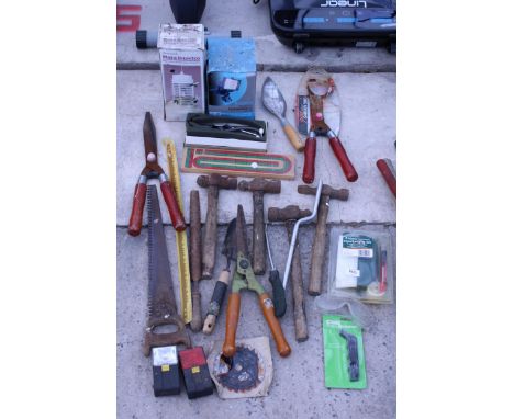 AN ASSORTMENT OF VARIOUS HAND TOOLS TO INCLUDE HAMMERS, SAWS, ETC