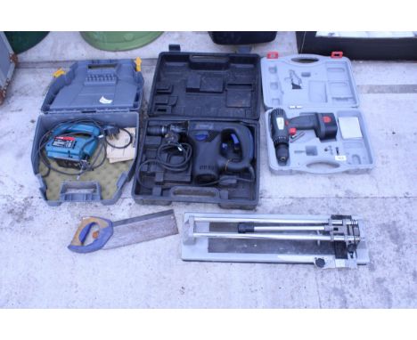 AN ASSORTMENT OF TOOLS TO INCLUDE A BOSCH ELECTRIC JIGSAW AND A NUTOOL SDS DRILL ETC