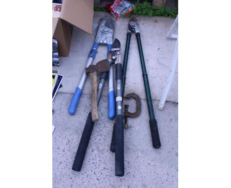 THREE SETS OF PRUNERS, A G CLAMP AND AN AXE