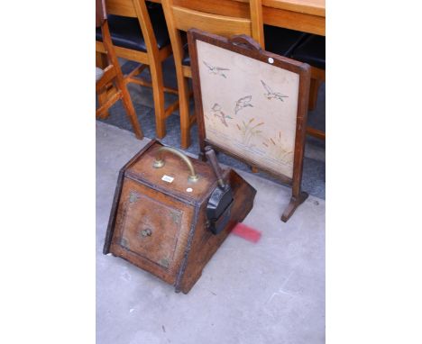 A VICTORIAN MAHOGANY PURDONIUM WITH BRASS FITTINGS AND SHOVEL COMPLETE WITH A FIRESCREEN HAVING WOOLWORK PANEL DEPICTING DUCK