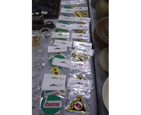 TWENTY SEW ON MOTORING THEMED BADGES TO INCLUDE CASTROL, BP AND DUNLOP - ALL AS NEW IN PACKETS