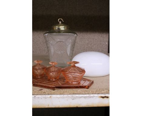 A VINTAGE GLASS LANTERN, GLASS LAMP SHADE AND AN ART DECO PINK BLUSH DRESSING TABLE SET