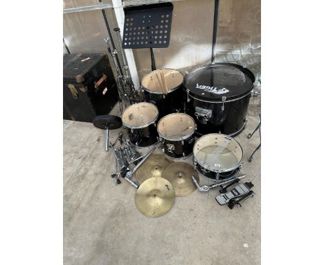 A TIGER DRUM SET TO INCLUDE FIVE DRUMS, CYMBALS, SEAT, PEDAL, STICKS ETC