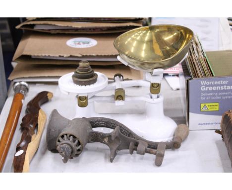 A VINTAGE 'BOOTS' SET OF SCALES WITH BRASS PAN AND WEIGHTS PLUS A SPONG STYLE MINCER