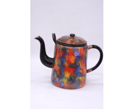 A RARE VINTAGE SPLATTER COLOURED ENAMEL TEAPOT, HEIGHT 20CM