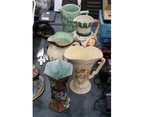 A COLLECTION OF FIVE ART DECO STYLE JUGS TO INCLUDE ARTHUR WOOD, CORONA WARE, MYOTT AND SON, ETC