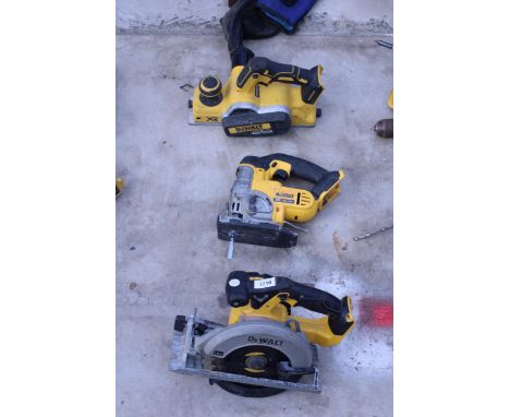 THREE DE WALT CORDLESS TOOLS TO INCLUDE A SANDER, JIGSAW AND A RIP SAW (NO BATTERY BUT BELIEVED WORKING NO WARRANTY)