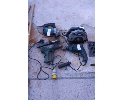 FOUR ASSORTED POWER TOOLS TO INCLUDE A BLACK AND DECKER CIRCULAR SAW AND A BOSCH HEAT GUN ETC