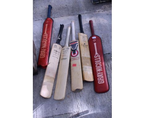 SIX VINTAGE CRICKET BATS TO INCLUDE A COUNTY BAT AND TWO GRAY NICOLLS BAT COVERS, ETC