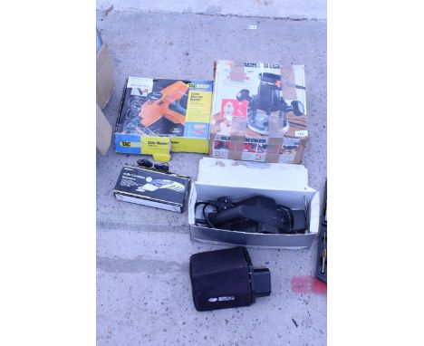 FOUR POWER TOOLS TO INCLUDE A BLACK AND DECKER ROUTER, A TACWISE NAIL GUN AND A WOOD PLANER ETC