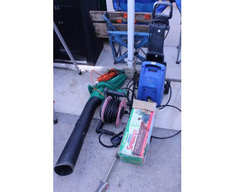 A COLLECTION OF VARIOUS ELECTRICAL GARDEN TOOLS TO INCLUDE A LEAF BLOWER, EXTENSION CABLE, PRESSURE WASHER, ETC