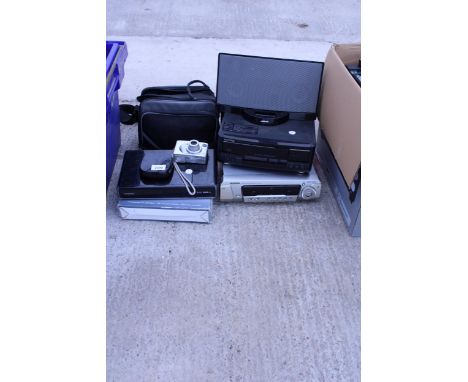 AN ASSORTMENT OF ITEMS TO INCLUDE A DOCKING STATION, A KENWOOD MULTI DISC CHANGER CD PLAYER AND A CAMCORDER ETC