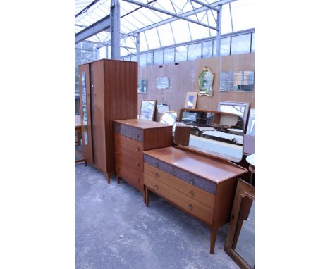 A MID 20TH CENTURY LEBUS THREE PIECE BEDROOM SUITE COMPRISING MIRROR DOOR WARDROBE, DRESSING TABLE AND A CHEST OF DRAWERS