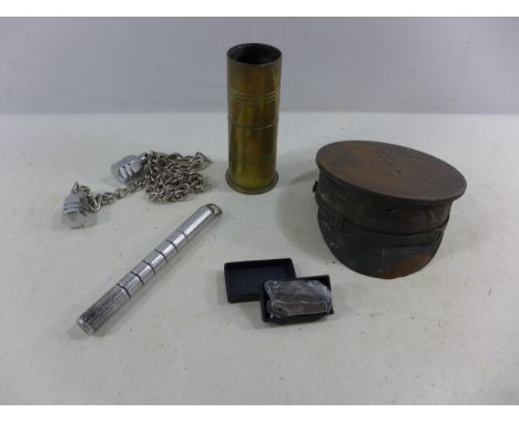 A WORLD WAR I TRENCH ART SHELL IN THE FORM OF A HAT DATED 1917, A WORLD WAR II SHELL CASE, METAL CHAIN, PENKNIFE ETC