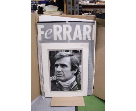 A 1993 GOODYEAR FERRARI CALENDAR - AS NEW CONDITION, A FRAMED SIGNED PHTOGRAPH OF CARLOS REUTEMANN - NO PROVENANCE PLUS TWO M