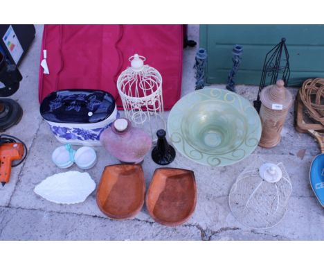 AN ASSORTMENT OF ITEMS TO INCLUDE CANDLES STICKS, A BREAD BIN AND A LARGE DECORATIVE GLASS BOWL