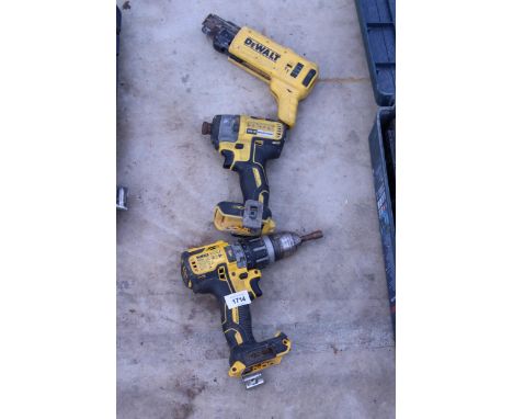 THREE DE WALT CORDLESS TOOLS  (NO BATTERY BUT BELIEVED WORKING NO WARRANTY)