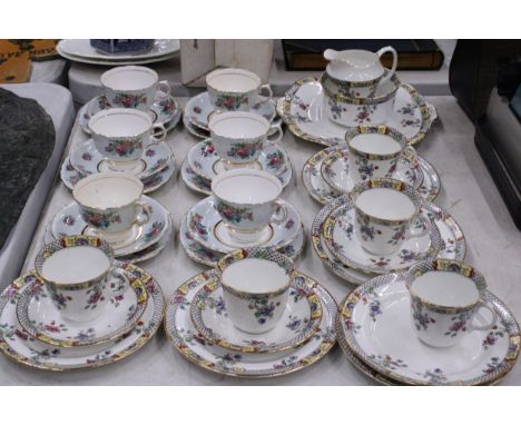 Colclough Bone China on sale Tea Set, Includes 6 Teacups & Saucers Cream Sugar and Cake Plate, Pink Gold Leaf Pattern