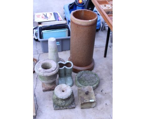 VARIOUS CONCRETE GARDEN ORNAMENTS AND PLANTERS AND A GLAZED WELLY PLANTER