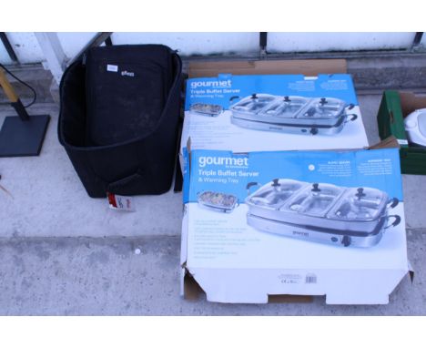 A PROJECTOR AND TWO AS NEW AND BOXED FOOD WARMING STANDS
