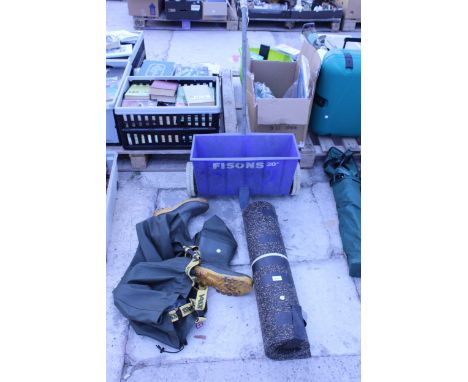 THREE ITEMS TO INCLUDE A MANUAL SEEDER. WADERS AND A ROLL OF RUBBER UNDERLAY