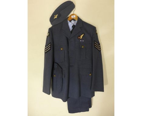 AN RAF SERGEANTS UNIFORM COMPRISING SIDE CAP (SIZE 57), JACKET, TROUSERS, SHIRT AND TIE