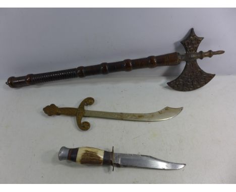A VINTAGE AXE WITH WOODEN HANDLE LENGTH 59CM, A SMALL ITALIAN SWORD LENGTH 36CM AND A BOWIE KNIFE LENGTH 26CM