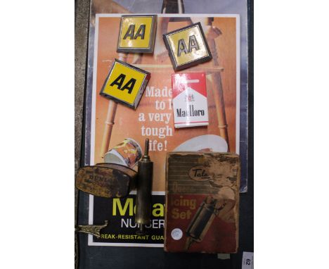 A COLLECTION OF VINTAGE COLLECTABLES TO INCLUDE ADVERTISING BOARDS, AA BADGES, DUNLOP TIN, ETC.,