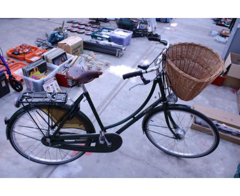A VINTAGE PASHLEY LADIES BIKE WITH REAR WICKER BASKET, BROOKS SADDLE AND REAR WHEEL LOCKING SYSTEM, IN EXCELLENT CONDITION
