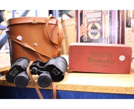 A PAIR OF ZENITH 10 X 50 BINOCULARS, WITH LEATHER CASE AND ORIGINAL BOX