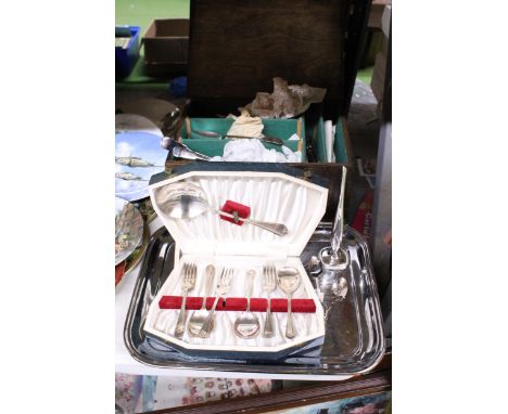 A VINTAGE MAHOGANY BOX CONTAINING A QUANTITY OF VINTAGE FLATWARE, A BOXED FLATWARE SET, SILVER PLATED TRAY AND RING HOLDER