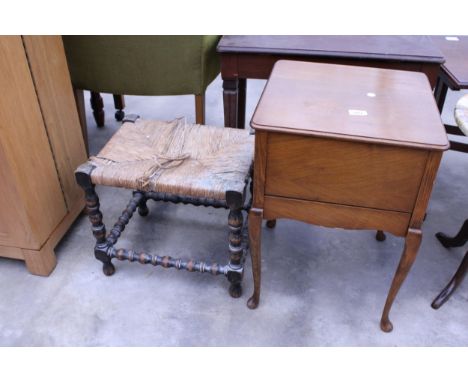 A MID 20TH CENTURY SEWING BOX ON CABRIOLE LEGS AND A STOOL ON BOBBIN TURNED LEGS