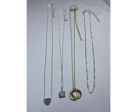FOUR VARIOUS MARKED SILVER NECKLACES WITH PENDANTS TO INCLUDE A GOLD PLATED DOUBLE RING