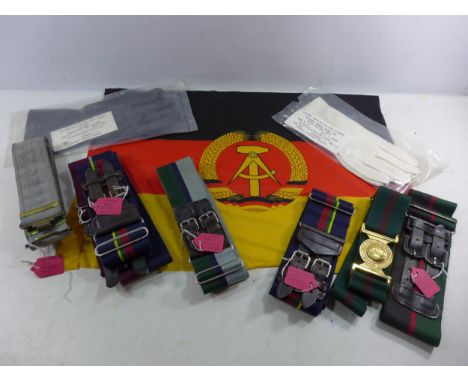 A COLLECTION OF SIX BRITISH ARMY MILITARY BELTS TO INCLUDE ROYAL MARINES, ROYAL SIGNALS, GDR FLAG, GLOVES ETC