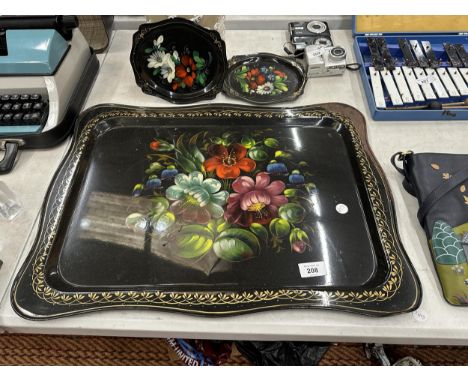 A VINTAGE LARGE HAND PAINTED FLORAL TRAY, 57CM X 43CM, PLUS TWO SMALL TRAYS, 19CM X 16CM