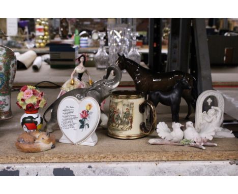 A MIXED LOT OF FIGURES, ETC TO INCLUDE HORSES, AN ELEPHANT, FOX AND BIRDS, PLUS A POSY, CERAMIC TANKARD, ETC