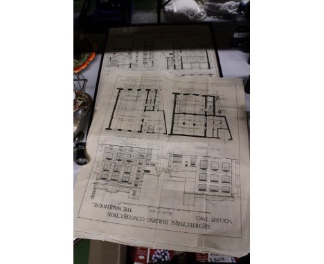 FOUR ARCHITECTURAL BUILDING CONSTRUCTION BLUE PRINTS TO INCLUDE ONE FRAMED