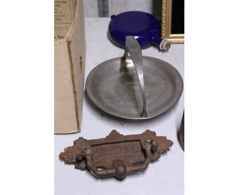 A TUDRIC PEWTER BOWL, VINTAGE LETTER BOX AND AN ENAMEL WATER CANTEEN