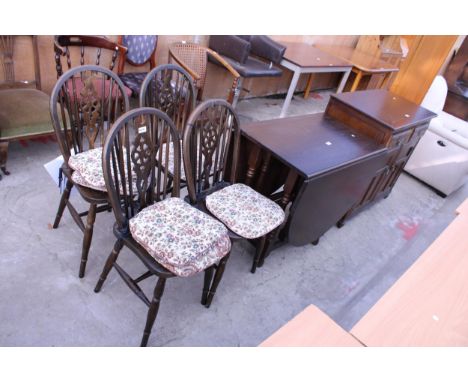 AN OAK GATE-LEG TABLE, 4 WINDSOR STYLE WHEELBACK CHAIRS AND DRESSER BASE