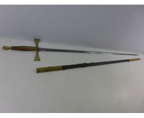 AN ANTIQUE MASONIC SWORD AND SCABBARD, BLADE WITH ACID ETCHED DECORATION LENGTH 84CM