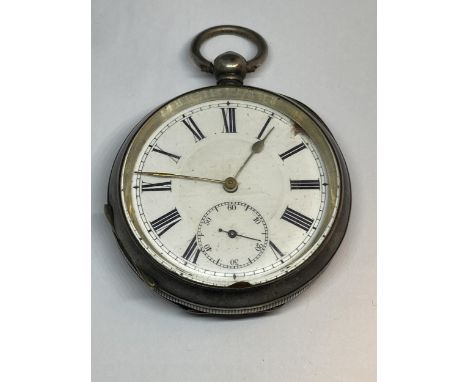 A HALLMARKED SILVER GENTS OPEN FACED KEY WOUND POCKET WATCH. WEIGHT 110 GRAMS