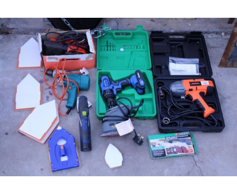 SIX POWER TOOLS TO INCLUDE A 21V DAY PLUS DRILL, TOOLTEC SANDER, ETC