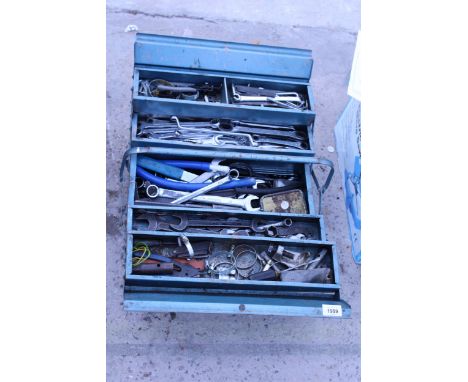 A METAL TOOL BOX WITH AN ASSORTMENT OF TOOLS TO INCLUDE SPANNERS, AND A PEN KNIFE ETC