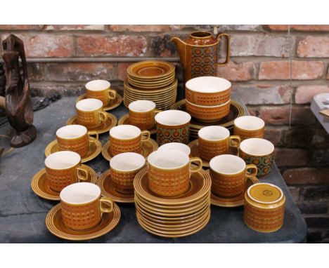 A LARGE QUANTITY OF SAFFRON HORNSEA POTTERY TO INCLUDE CUPS AND SAUCERS, DINNER PLATES, SIDE PLATES, ETC.,