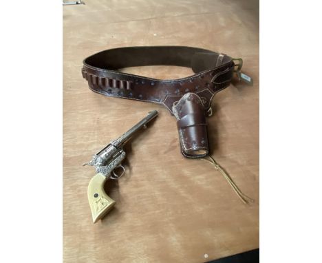 A BLANK FIRING LATE 20TH CENTURY SINGLE ACTION ARMY REVOLVER AND BROWN LEATHER HOLSTER
