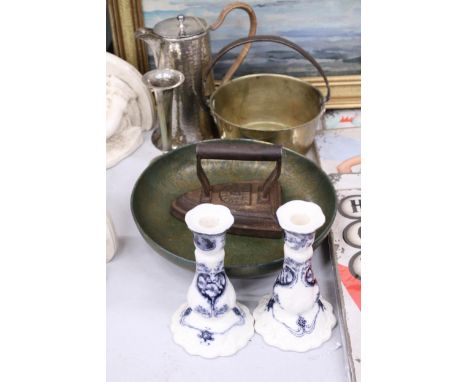 A SMALL BRASS JAM PAN, VINTAGE FLAT IRON, A PAIR OF CERAMIC CANDLESTICKS, SILVER PLATED COFFEE POT AND BUD VASE AND A THETFOR