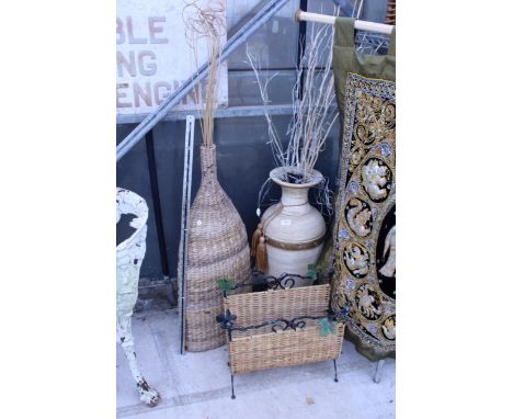 THREE ITEMS TO INCLUDE A TALL CERAMIC VASE, TALL WICKER VASE AND A WICKER MAGAZINE RACK